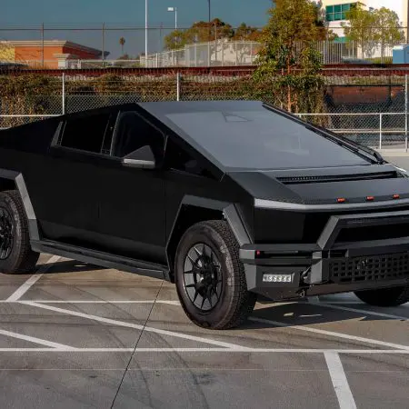 Satin Black Tesla Cybertruck on 20-Inch UP Forged UP-RW Wheels in Satin Black, Satin Gunmetal Ring