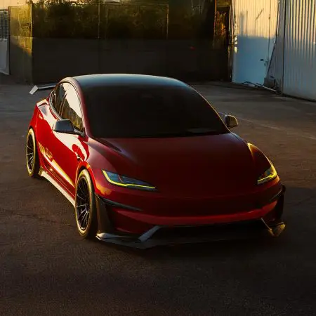 Ultra Red Tesla Model 3 Performance on 18-Inch UP Forged Race Spec UP-03 Wheels in Gloss Black