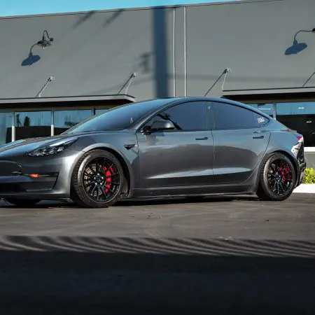Stealth Grey Tesla Model 3 Performance on 18-Inch UP Forged UP-03 Wheels in Gloss Black