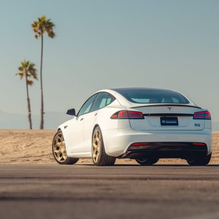 Pearl White Multi-Coat Tesla Model S – UP CYBRHEX Forged Wheels In Satin Bronze