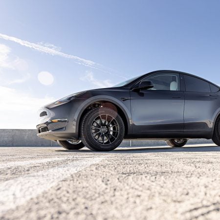 Tesla Model Y – UP-03 Forged Wheels in Satin Black and Dirt and Snow Coilovers