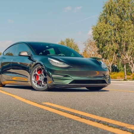 British Racing Green Tesla Model 3 – UP-05 Forged Wheels in Satin Titanium