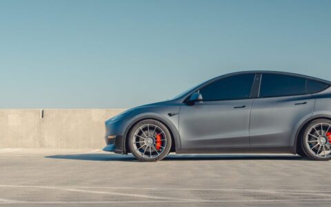 Gray Tesla Model Y - Front Lip Spoiler And UP-03 Wheels In Satin Titanium