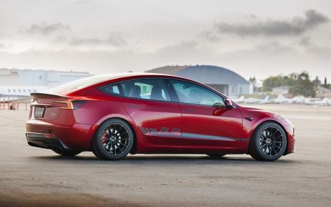 Tesla Model 3 Performance running on UP-03 Gloss Black Forged Wheels, ideal for both street and track driving with reduced unsprung weight.