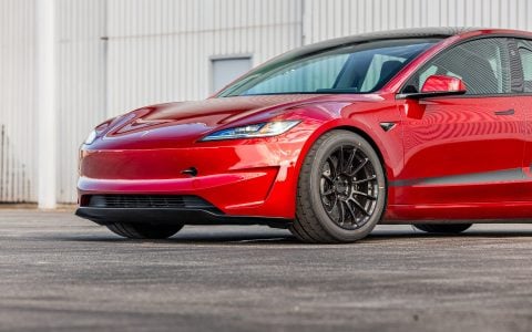 Close-up of UP-03 Forged Wheels in Gloss Black on the Tesla Model 3 Performance, featuring lightweight forged construction and Yokohama ADVAN tires for optimal track performance.