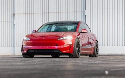 Limited view of UP-03 Forged Wheels in Gloss Black on the Tesla Model 3 Performance, featuring lightweight forged construction and Yokohama ADVAN tires for optimal track performance.