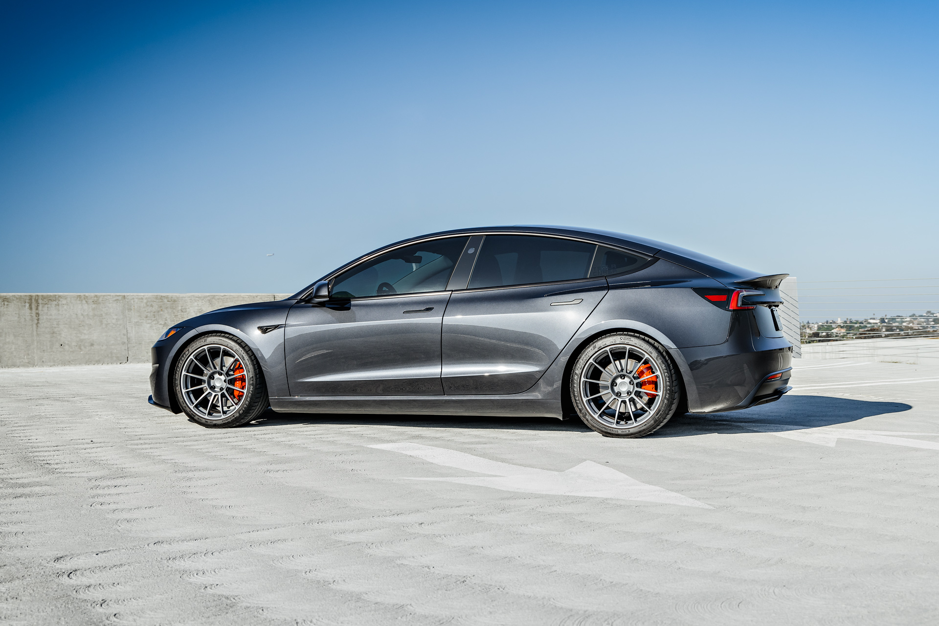2024 Stealth Grey Tesla Model 3 Performance With Moderate Lowering 2024 Stealth Grey Tesla Model 3 Performance With Moderate Lowering