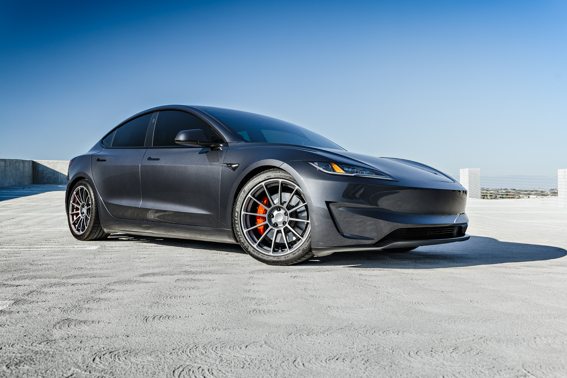 2024 Stealth Grey Tesla Model 3 Performance With Moderate Lowering 2024 Stealth Grey Tesla Model 3 Performance With Moderate Lowering