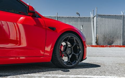 Bright Red 2024 Tesla Model 3 Performance 20 inch UP-05 Wheels in Gloss Black