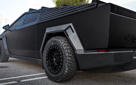 Black Tesla Cybertruck Roof Rails Molle Panels Side Top Rack with Black Forged Beadlock Wheels for Off-Road by Unplugged 1920px Image (5)