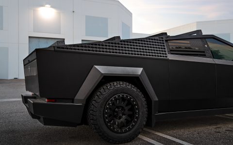 Black Tesla Cybertruck Roof Rails Molle Panels Side Top Rack with Black Forged Beadlock Wheels for Off-Road by Unplugged 1920px Image (7)