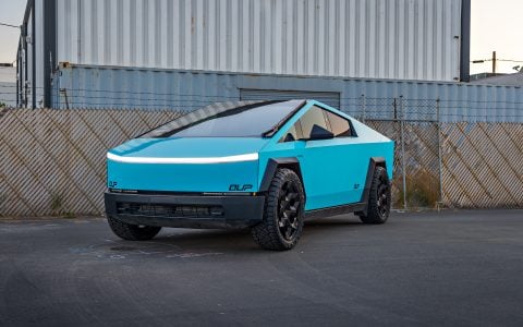 Gloss Sky Blue Wrapped Tesla Cybertruck on 24 inch CYBRHEX wheels in Satin Black