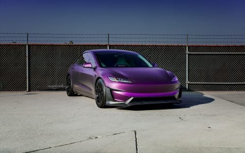 KPMF Matte Purple Black Iridescent Wrapped Model 3 with Carbon Fiber Aero Kit on UP-03 Forged Wheels in Satin Black