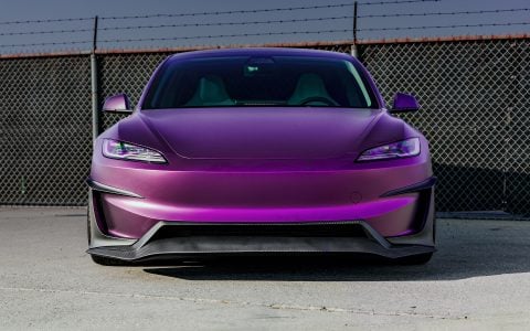KPMF Matte Purple Black Iridescent Wrapped Model 3 with Carbon Fiber Aero Kit on UP-03 Forged Wheels in Satin Black