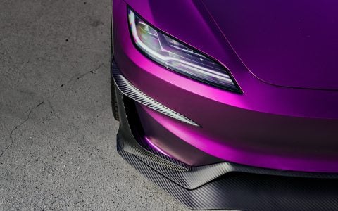 KPMF Matte Purple Black Iridescent Wrapped Model 3 with Carbon Fiber Aero Kit on UP-03 Forged Wheels in Satin Black