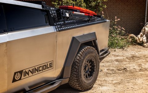 INVINCIBLE Cybertruck with Steel Bumpers and Accessories on UP-03 Beadlock Wheels in Satin Black