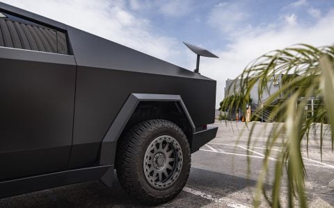 Matte Black Wrapped Cybertruck with Starlink Mount on UP-03 Forged Beadlock Wheels in Satin Titanium