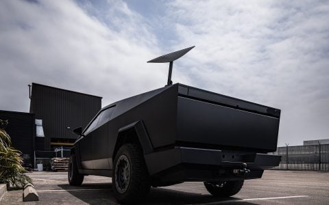 Matte Black Wrapped Cybertruck with Starlink Mount on UP-03 Forged Beadlock Wheels in Satin Titanium