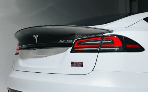 White Tesla Model S Plaid with Koenigsegg Carbon Fiber Spoiler on UP-03 Forged Wheels in Gloss Black