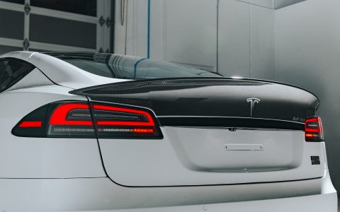 White Tesla Model S Plaid with Koenigsegg Carbon Fiber Spoiler on UP-03 Forged Wheels in Gloss Black