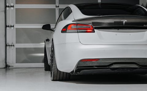 White Tesla Model S Plaid with Koenigsegg Carbon Fiber Spoiler on UP-03 Forged Wheels in Gloss Black