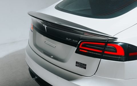 White Tesla Model S Plaid with Koenigsegg Carbon Fiber Spoiler on UP-03 Forged Wheels in Gloss Black