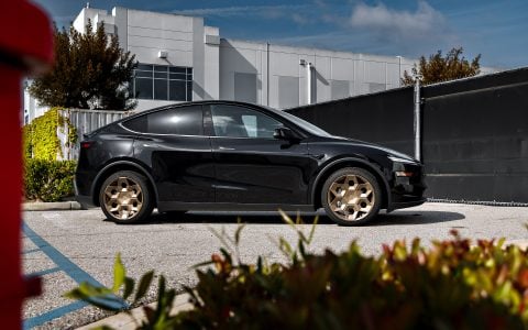 Diamond Black Tesla Model Y Juniper on CYBRHEX Forged Wheels in Satin BronzeDiamond Black Tesla Model Y Juniper on CYBRHEX Forged Wheels in Satin Bronze
