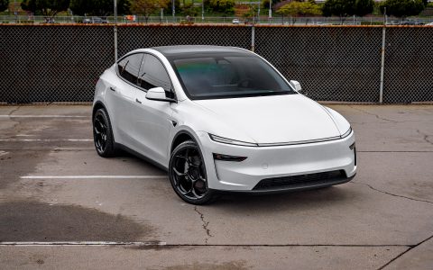2026 Pearl White Model Y Juniper on 21 inch UP-05 in Satin Black