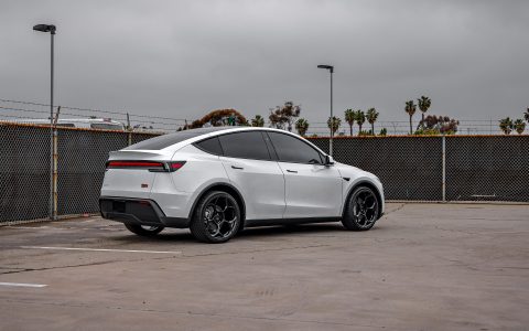 2026 Pearl White Model Y Juniper on 21 inch UP-05 in Satin Black