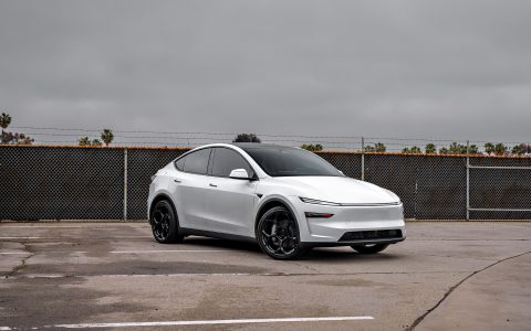 2026 Pearl White Model Y Juniper on 21 inch UP-05 in Satin Black