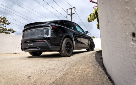 2026 Diamond Black Model Y Juniper on 18 inch Off-Road Spec UP-03 in Satin Black