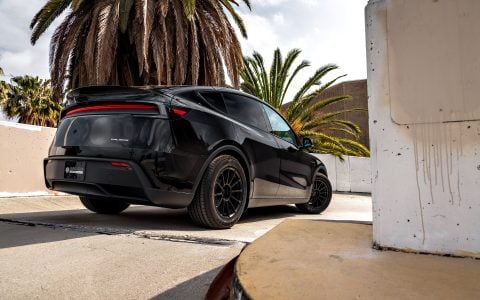 2026 Diamond Black Model Y Juniper on 18 inch Off-Road Spec UP-03 in Satin Black