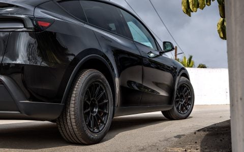 2026 Diamond Black Model Y Juniper on 18 inch Off-Road Spec UP-03 in Satin Black