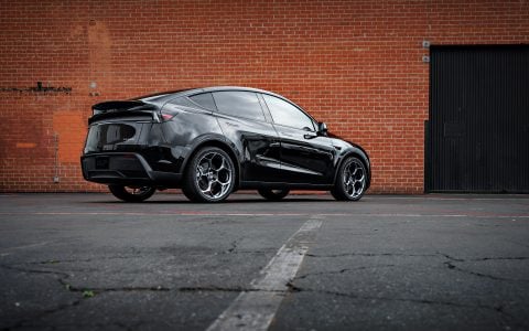 Diamond Black Tesla Model Y Juniper on UP Forged UP-05 Wheels in Satin Titanium