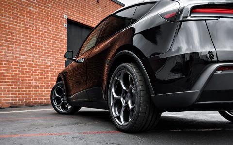 Diamond Black Tesla Model Y Juniper on UP Forged UP-05 Wheels in Satin Titanium