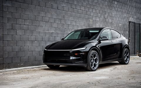 Diamond Black Tesla Model Y Juniper on UP Forged UP-05 Wheels in Satin Titanium