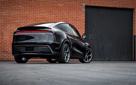Diamond Black Tesla Model Y Juniper on UP Forged UP-05 Wheels in Satin Titanium