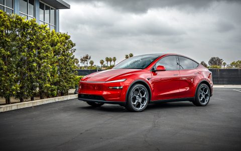 Ultra Red Tesla Model Y Juniper with Satin Titanium 21 inch UP-05 Forged Wheels