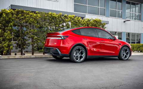 Ultra Red Tesla Model Y Juniper with Satin Titanium 21 inch UP-05 Forged Wheels