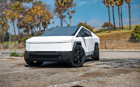 White Wrapped Tesla Cybertruck Foundation Series on 24 inch CYBRHEX Forged Wheels in Gloss Black