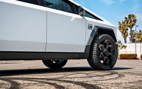 White Wrapped Tesla Cybertruck Foundation Series on 24 inch CYBRHEX Forged Wheels in Gloss Black