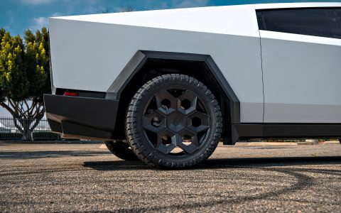 White Wrapped Tesla Cybertruck Foundation Series on 24 inch CYBRHEX Forged Wheels in Gloss Black