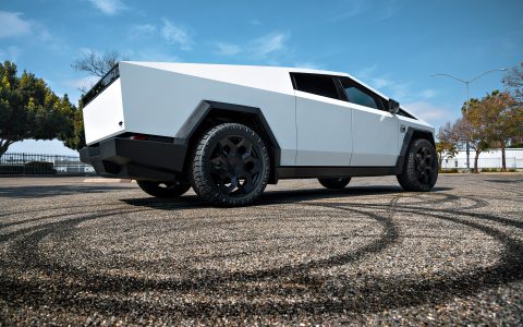 White Wrapped Tesla Cybertruck Foundation Series on 24 inch CYBRHEX Forged Wheels in Gloss Black