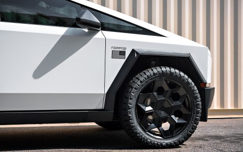 White Wrapped Tesla Cybertruck Foundation Series on 24 inch CYBRHEX Forged Wheels in Gloss Black