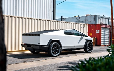 White Wrapped Tesla Cybertruck Foundation Series on 24 inch CYBRHEX Forged Wheels in Gloss Black