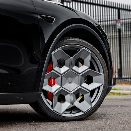 Black 2026 Tesla Model Y Juniper with BBK on 22″ UP Forged CYBRHEX Wheels in Satin Titanium