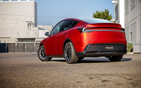 2026 Satin Red Tesla Model Y Juniper on 20 Inch UP Forged UP-RW Road Warrior Wheels