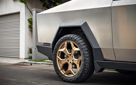 Stainless Steel Tesla Cybertruck on 24-Inch UP Forged CYBRSPOKE in Satin Bronze 2 Stainless Steel Tesla Cybertruck on 24-Inch UP Forged CYBRSPOKE in Satin Bronze