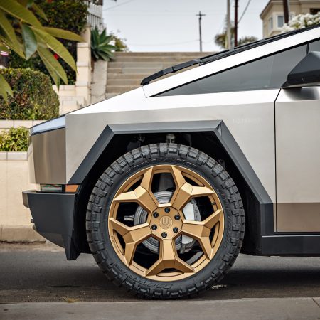 Stainless Steel Tesla Cybertruck on 24-Inch UP Forged CYBRSPOKE in Satin Bronze