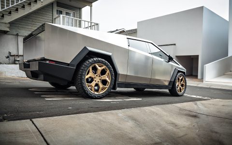 Stainless Steel Tesla Cybertruck on 24-Inch UP Forged CYBRSPOKE in Satin Bronze 6 Stainless Steel Tesla Cybertruck on 24-Inch UP Forged CYBRSPOKE in Satin Bronze